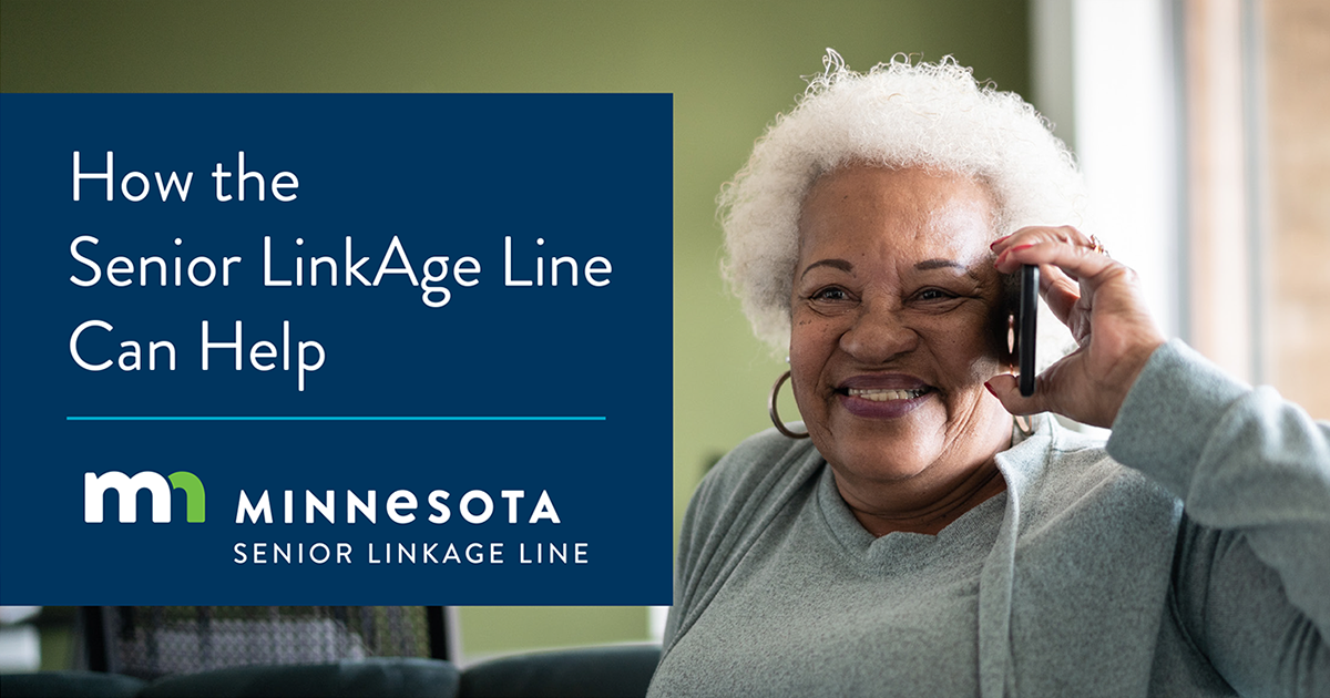 Older black woman on cell phone image in graphic with text: How the Senior LinkAge Line Can Help.