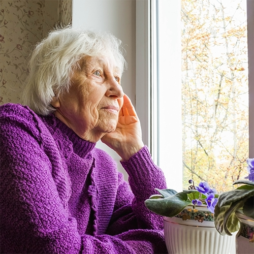 Older adult female looking out window while wearing purple sweater