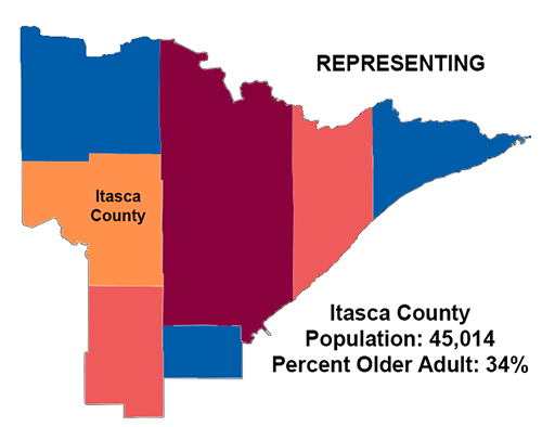 Colorful graphic representation of Arrowhead region of Minnesota highlighting Itasca Co