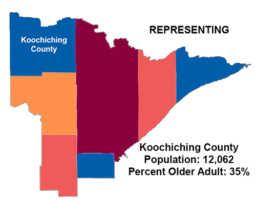Colorful graphic representation of Arrowhead region of Minnesota highlighting Koochiching Co