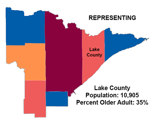 Colorful graphic representation of Arrowhead region of Minnesota highlighting Lake Co
