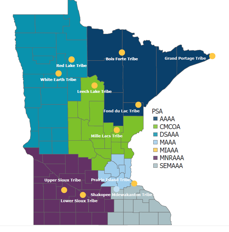 Color coded map of Minnesota Area Agencies on Aging