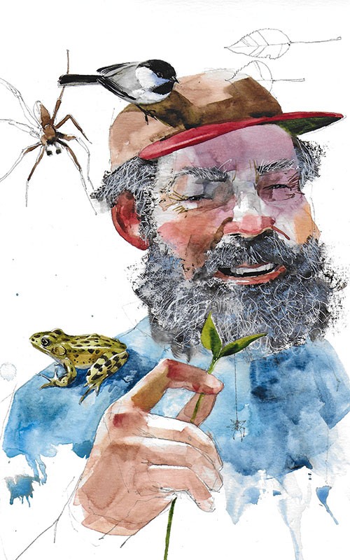 Caricature of older man with beard, cap, and frog on shoulder.